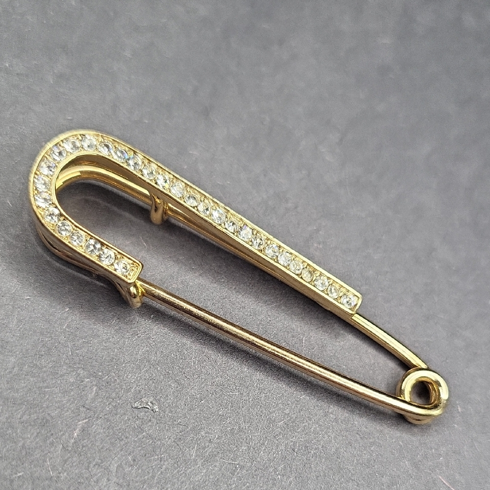 Gold Safety Pin Brooch with Crystals